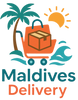 Logo for Maldives Delivery with a shopping cart, palm tree, and sun on a white background