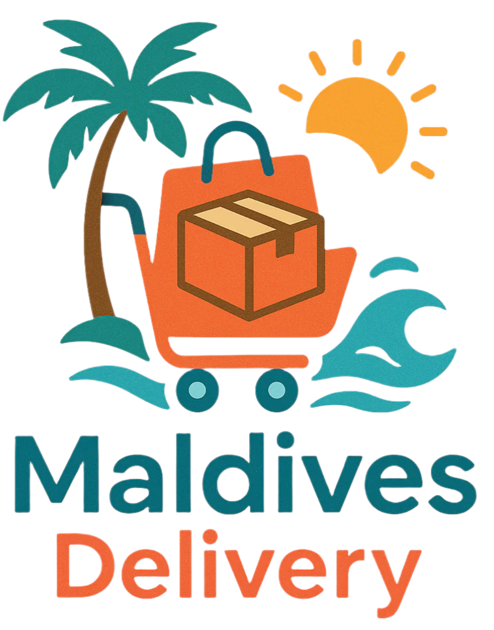 Logo for Maldives Delivery with a shopping cart, palm tree, and sun on a white background